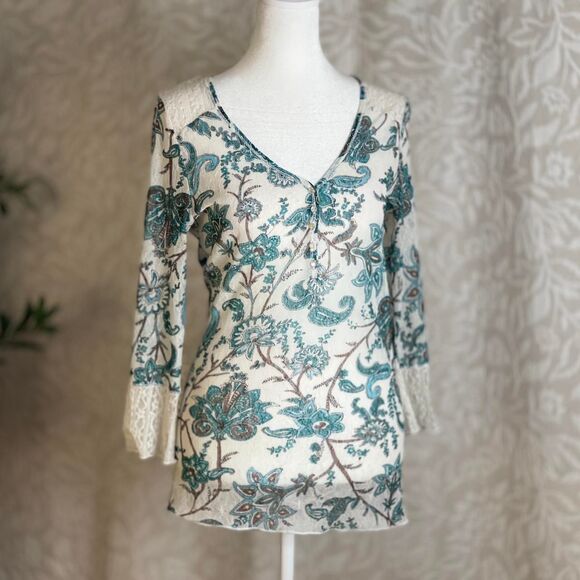 Talia Kume Green & White Paisley Mesh Sheer Henley Top Whimsygoth Grunge Size 8 - Picture 2 of 8